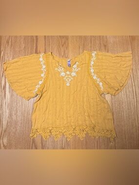 Alya Mustard Yellow Embroidered Lace-Hem Peasant Top
